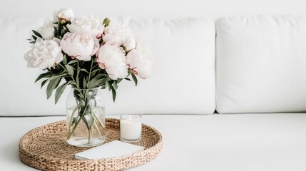 White and pink peonies brighten a gray table adorned with candles and books, creating a cozy living room atmosphere