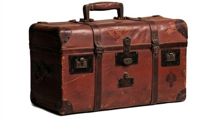 An old brown leather travel trunk with metal hardware is shown