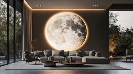 Contemporary minimalist living room with a sculpted moon wall, highlighted by warm LED backlighting. 3D rendering
