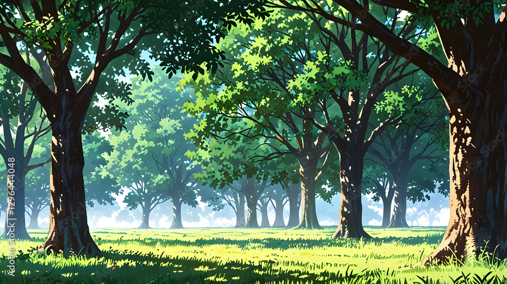 Poster a mesmerizing image captures a forest filled with towering trees. The sunlight creates a magical atmosphere