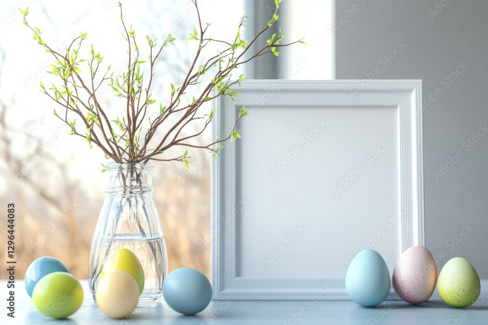 Poster a white frame with a vase of green leaves and a bunch of colorful eggs. the frame is empty, but the 