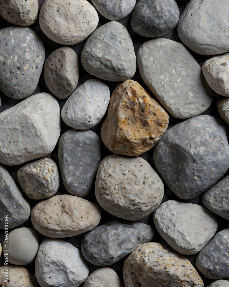 Poster a close-up view of various smooth stones arranged together. Different sizes and shades of gray and tan can be seen, creating a natural and textured pattern