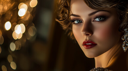 Fototapeta premium Elegant Woman with Vintage Glamour: Close-up portrait showcasing sophisticated style and captivating beauty in a dark background.