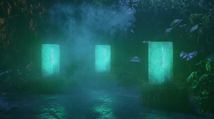 Eco-friendly podiums surrounded by lush greenery in a misty ambient setting