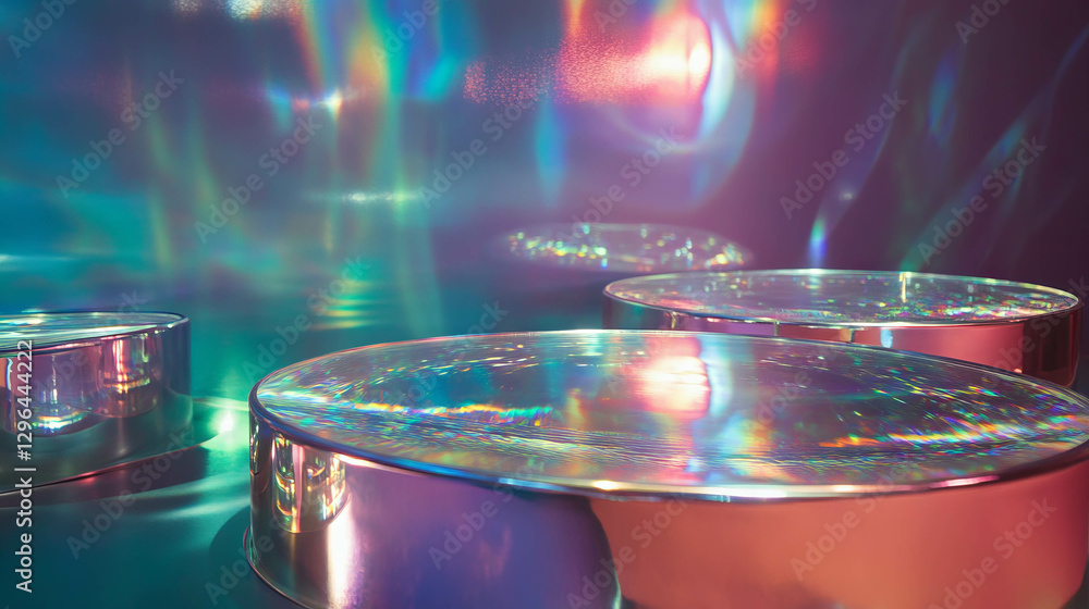 Poster Reflective mirror podiums with iridescent light for display or event design