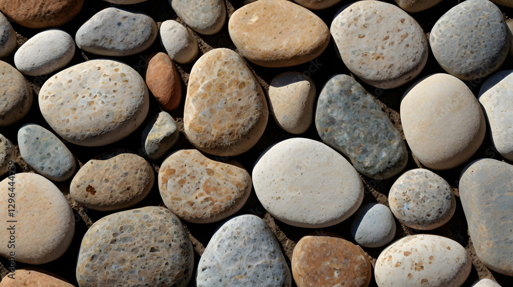 Poster a collection of smooth stones of various sizes and colors. the stones are closely packed, creating a textured surface