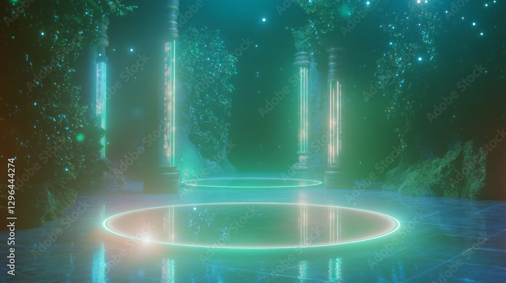 Aufkleber mystical three podiums with mirror arrangement in enchanted forest scene