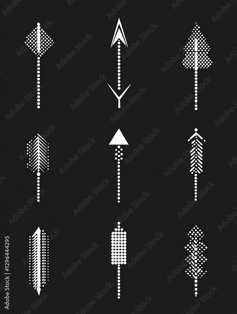 Poster dotted arrows big vector set of icons or logos, collection of direction cursors made with dots, perf