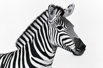 A zebra is standing in front of a white background. The zebra is the main focus of the image, and its stripes create a sense of movement and energy. The white background emphasizes the zebra's black