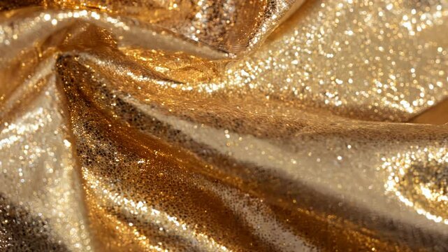 Gold glitter bokeh of satin fabric for background. Textile close up rippled elegant, creased silk. Metallic fashion golden color texture. Luxury shiny material slow motion glittering
