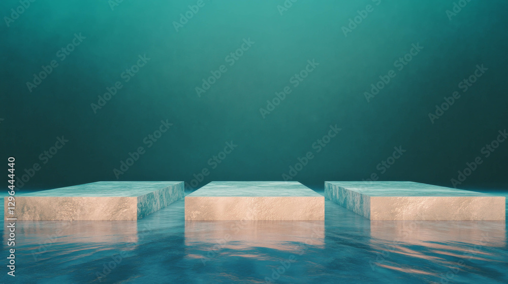Poster modern display podiums on textured stone floor with soft lighting for event setup