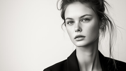 Portrait of a young woman in business attire. Her gaze is direct and captivating, highlighting natural beauty and a sense of confidence.