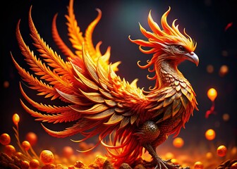 Fiery Phoenix Sculpture, Dark Background, High Depth of Field Stock Photo