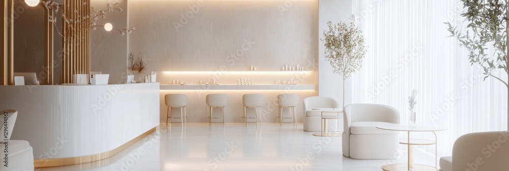 Poster modern minimalist interior design of a stylish reception area in a wellness center featuring soft li