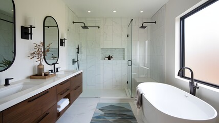 Modern guest bathroom with a floating vanity, a walk-in shower, and contemporary fixtures.