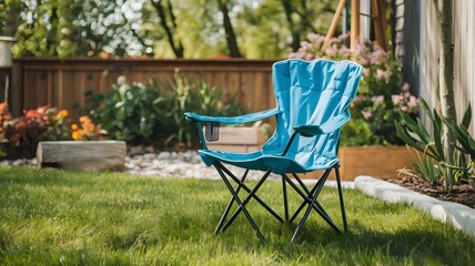 A folding camping chair with a lightweight frame, placed in a garden.