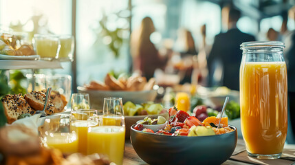 Breakfast buffet featuring fresh fruit, pastries, and orange juice, perfect for a morning meeting or a networking event.