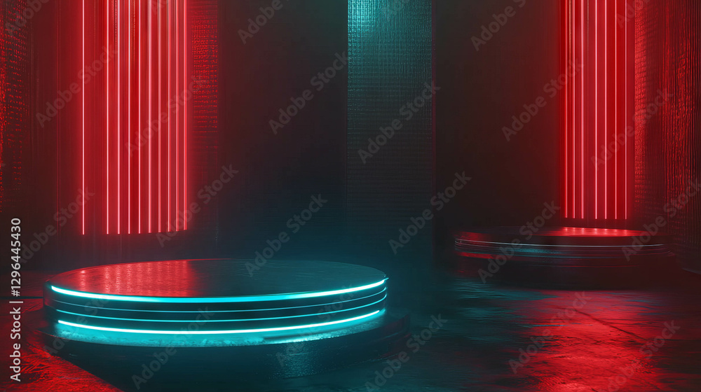 Poster Futuristic podiums with glowing neon lines in abstract setting for modern design