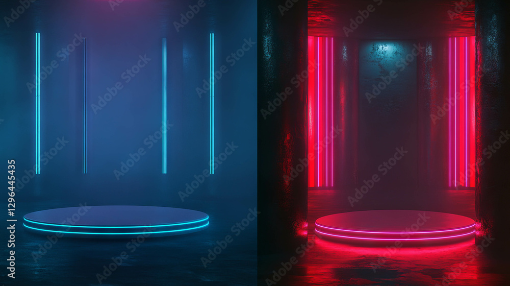 Poster futuristic podiums with neon glowing lines in dark atmosphere for event design