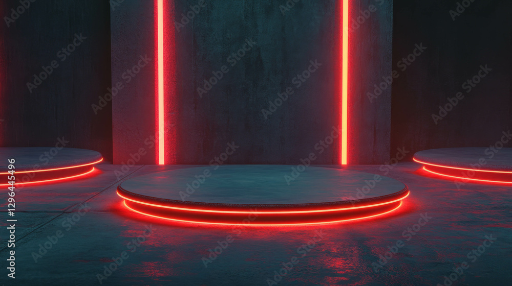 Poster Futuristic neon podiums with glowing red lines in dark ambient setting