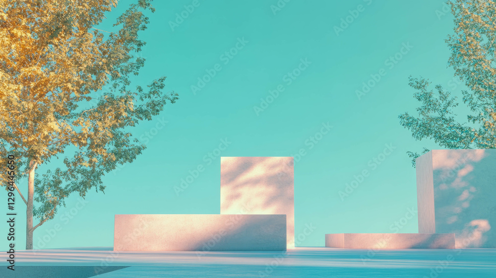 Poster minimalist architectural scene with two podiums and trees in tranquil setting