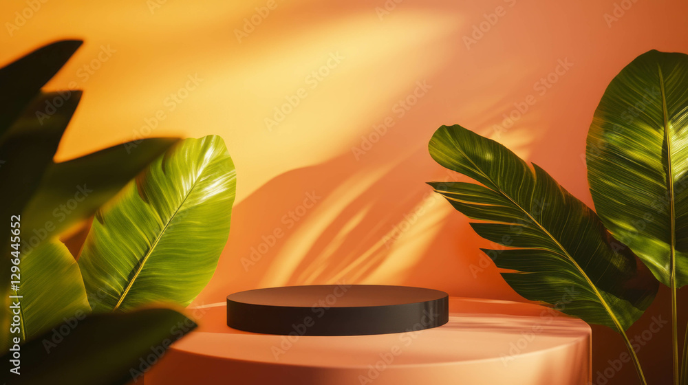 Aufkleber minimalist podiums with tropical foliage and warm background for design and display