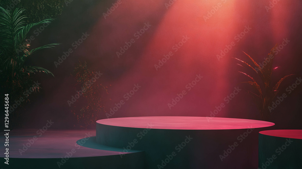 Poster minimalist architectural design with two podiums and atmospheric lighting