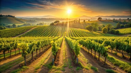 Fototapeta premium Golden Hour Vineyard Rows at Sunrise Lush Green Vines Basking in Warm Sunlight, Serene Rolling Hills in the Distance