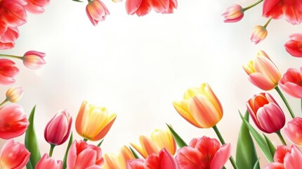 Fototapeta premium Vibrant tulip blooms create a stunning floral border with soft, dreamy background hues in springtime beauty