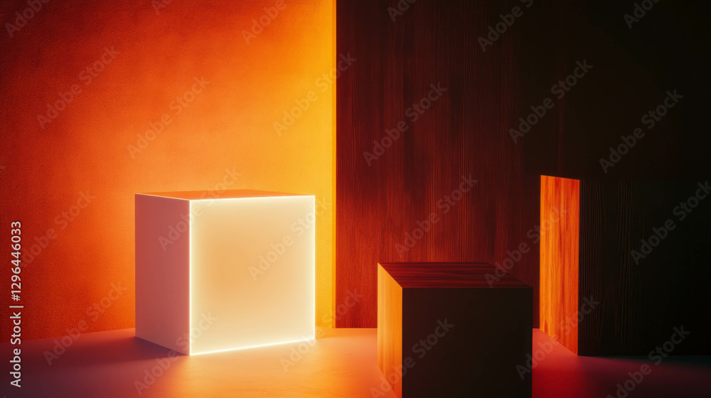 Poster modern display with illuminated white podiums and ambient lighting for design showcase