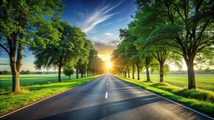 Fototapeta premium Asphalt road lined with lush green trees leading towards a vibrant sunset horizon