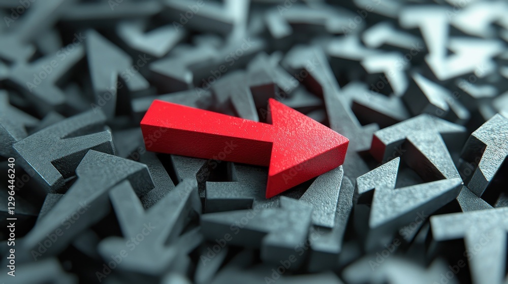 Poster innovative red arrow stands out among a multitude of gray arrows, emphasizing growth and progress in
