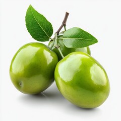 Fresh Green Apples with Leaves on White Background for Healthy Eating