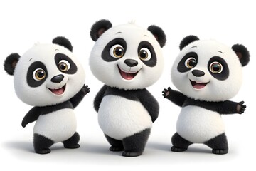 Playful 3D Cute Panda Characters – Cheerful Cartoon Bears Isolated on White