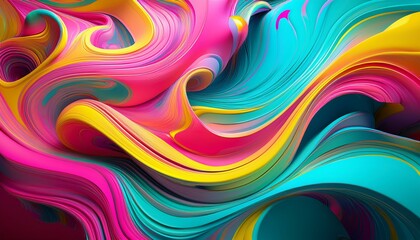 A bold, vibrant abstract design with neon pink, yellow, and turquoise flowing dynamically, creating a striking and energetic visual.
