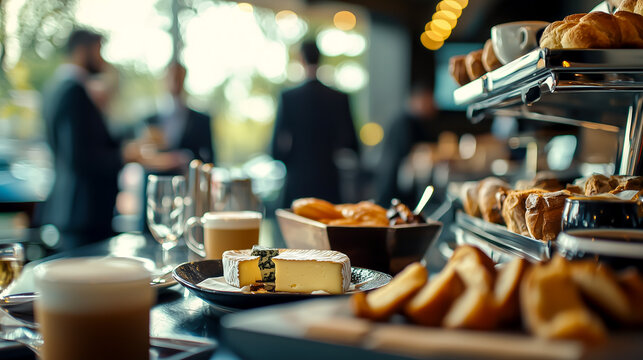 Buffet with cheese, croissants, and coffee. The table is set for business people for breakfast or a meeting at the office.
