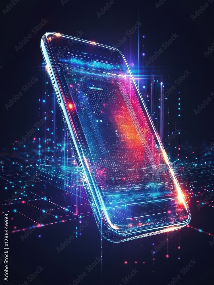 Poster smartphone with digital screen hologram. composition smart object and smart technology design. graph