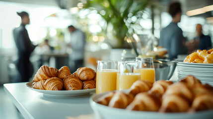 Breakfast Buffet: Fresh croissants and orange juice at a business meeting.