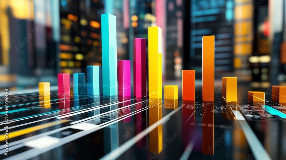 Poster a d bar graph with tall, glossy pillars in various colors rising from a reflective surface, symboliz