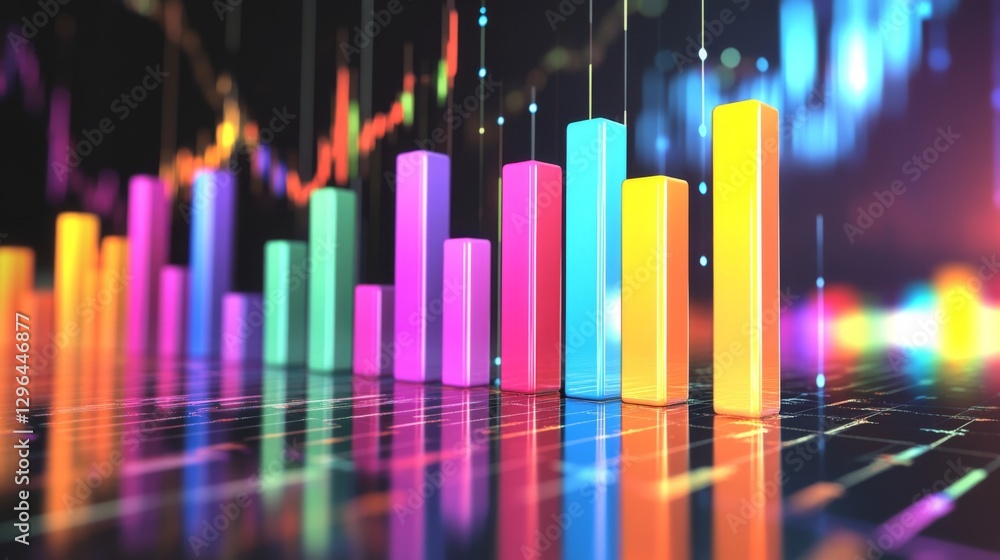 Poster a d bar graph with tall, glossy pillars in various colors rising from a reflective surface, symboliz
