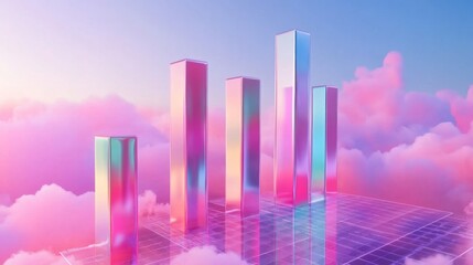 Fototapeta premium A D bar chart with metallic, gradient bars rising from a financial graph, showing growth and progress, with a modern digital interface in the background