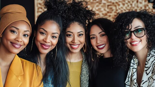 A multicultural group of female best friends smiling to the camera