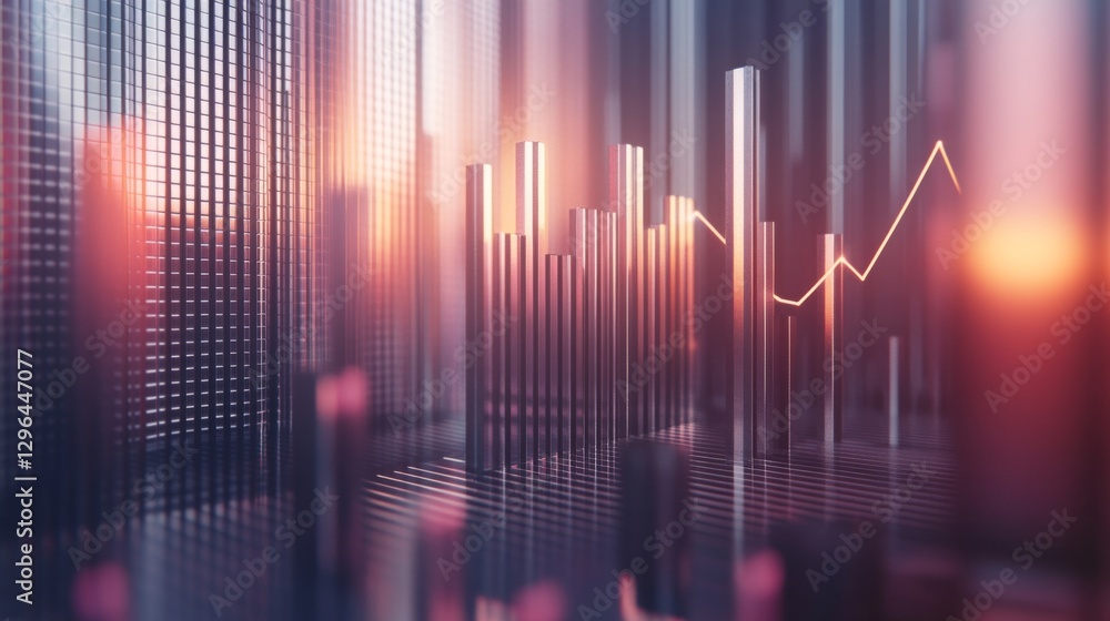 Poster a d financial graph with rising bars and an upward trending line chart, with metallic textures and s