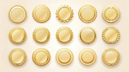 Collection of Golden Circular Award Badges with Various Decorative Elements for Achievement Recognition