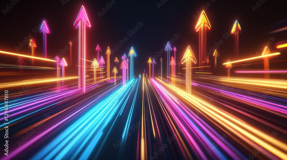 Poster abstract image of colorful glowing arrows pointing up, set against a dark background with a glowing 