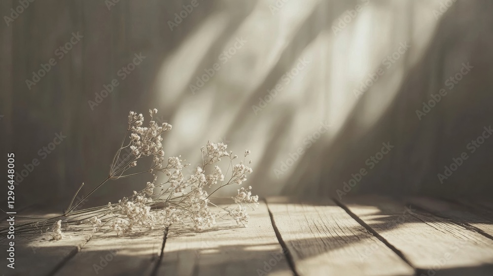 Leinwandbilder Dried white flowers resting on a wooden surface with soft sunlight creating shadows in a calming indoor setting. Generative AI