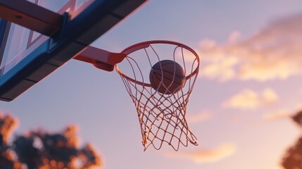 A close-up of a basketball being shot into a hoop, with the ball mid-air and the net swaying slightly, capturing the intensity of the moment
