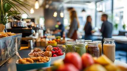 Fototapeta premium A vibrant buffet table showcases various fruits, pastries, and drinks, providing a tempting selection for customers in a cafe setting.