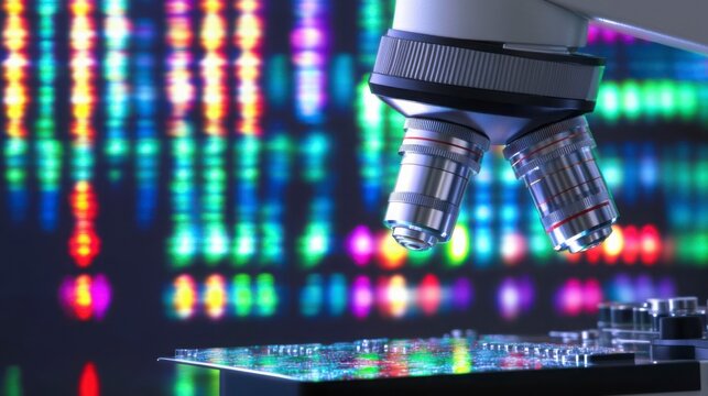 A biotechnologist analyzing chromosomal mutations using a microscope, with a digital display showing detailed gene analysis data