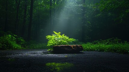 A bright fern sits upon a dark rock in a forest scene